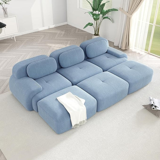 Modular Sectional Sofa Boneless Couch Corduroy Cloud Couch Modern Deep Seat Comfy Sectional Couches for Living Room Oversized 6 Seater Sofa for Bedroom Apartment - No Assembly(Blue)