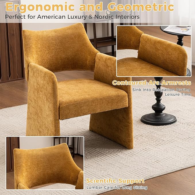 Mid-Century Chenille Accent Chair Set of 2 Geometric Open-Back Upholstered Armchair with Non-Slip Frame Cozy Reading Chair for Home &amp Office (Yellow)