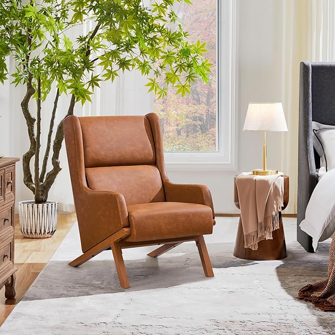 Yaheetech Brown Accent Chair PU Leather Armchair High Wide Backrest Oversized Recliner Chair Thick Seat Cushion for Office Reception Room Reading Nook Brown