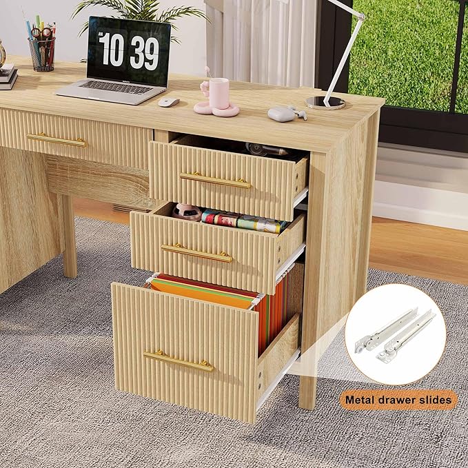 Executive Desk with Drawers: 54 Oak Desk with File Cabinet Home Office Desks with Storage Modern Desks with File Drawer Fluted Wood Computer Table (54) (Oak 54)