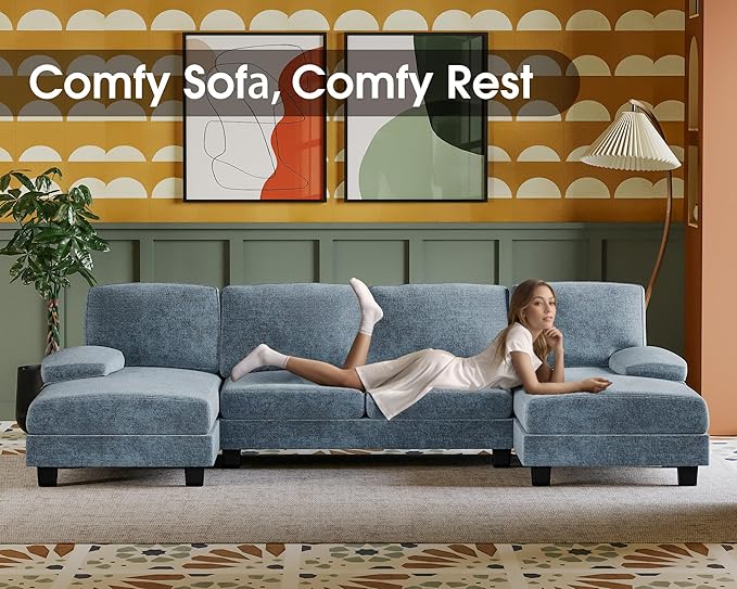 Furmax Sectional Couches for Living Room U-Shaped Sofa Couch with Linen Fabric 4 Seat Sofa Set with Double Chaise for Apartment (Fabric Light Blue)