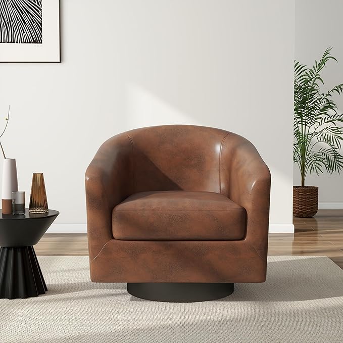 Swivel Barrel Chair Modern Round PU Leather Accent Armchair for Living Room Bedroom Oversized Comfy Club Reading Chairs for Adults (Leather Coffee Set of 1)