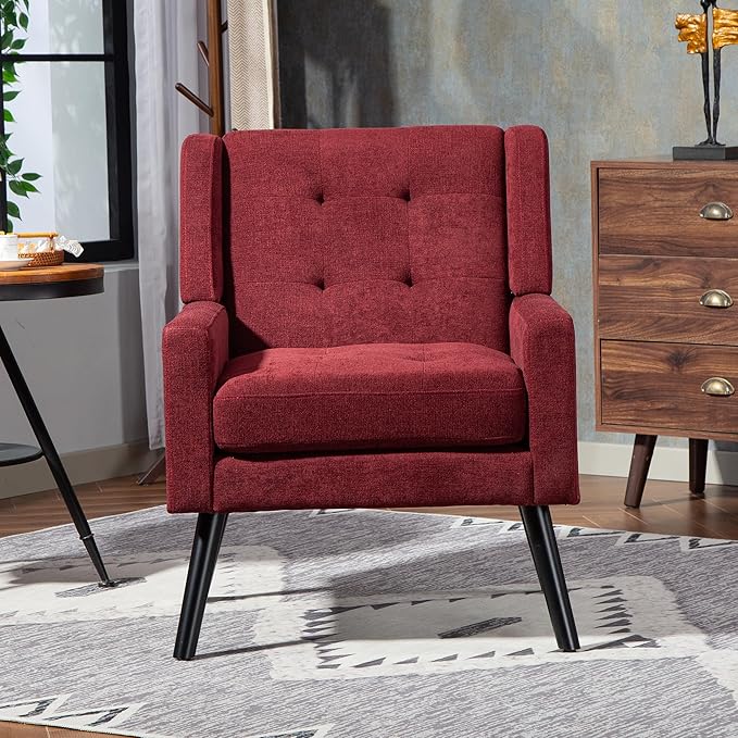 Mid-Century Modern Accent Chair Plush Linen Fabric with Button Tufted High Back &amp 5 Thick Cushion High Comfort Reading Chair for Living Room Bedroom Office (Red)
