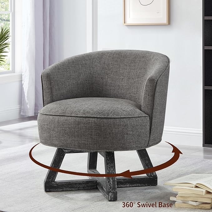 360°Swivel Accent Chair Farmhouse Retro Dressing Chair Linen Fabric Upholstered Reading Chair with Wood Base Bucket Chair for Living Room Bedroom Office Dresser (Dark Gray)