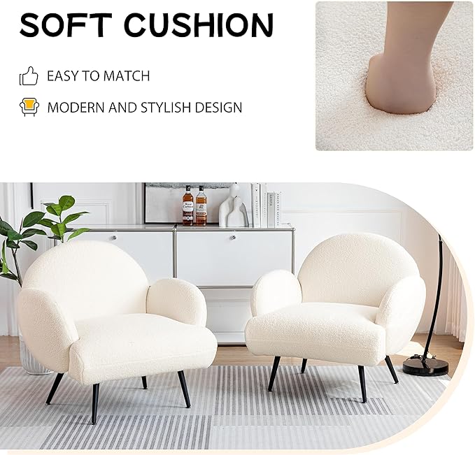 Accent Chair White with Black Metal LegsReading Chair for Bedroom Comfy Boucle Sherpa Chair for Living Room Bedroom
