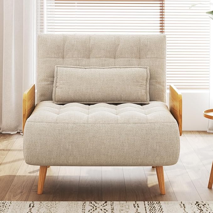 JASIWAY Convertible Sleeper Chair Bed for Adults 3 in 1 Linen Convertable Futon Chair with Pillow Fold Out Single Sleeper Couch Guest Bed for Small Spaces Bedroom Office Mid-Century 36.6 | 5 Ad