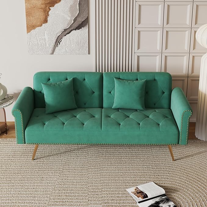 Stylish Velvet Sofa 70 Sofa Sleeper Convertible with Matching Pillows for Living RoomApartmentSmall Spaces (Green)