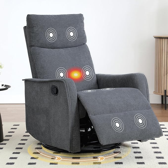 Manual 360° Swivel Rocker Recliner Chair for Adults Overstuffed Glider Chair for Nursery with Vibration Massage and Heat Comfy Soft Fabric Glider with Side Pockets for Living Room Dark Gray