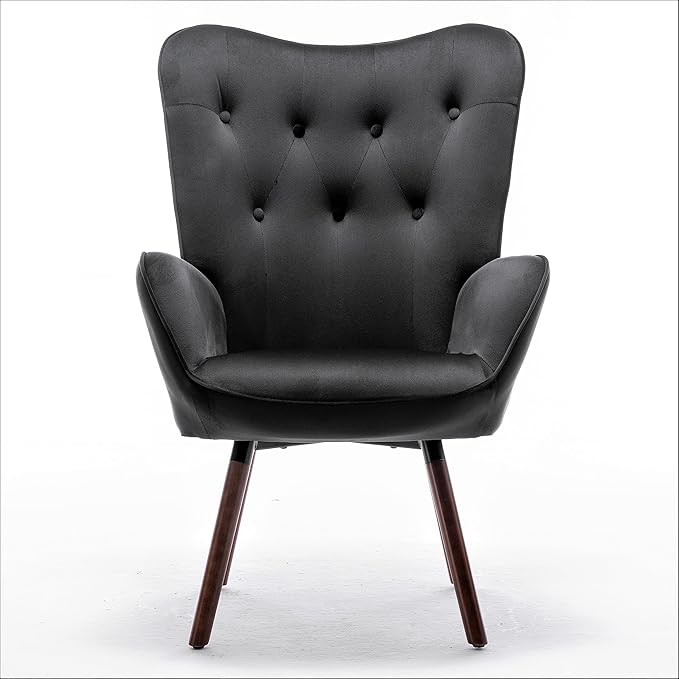 Chic Accent Arm Chairs for Living Room Bedroom or Home Office Button-Tufted Midcentury Armchair with Wingback Design and Splayed Legs Black