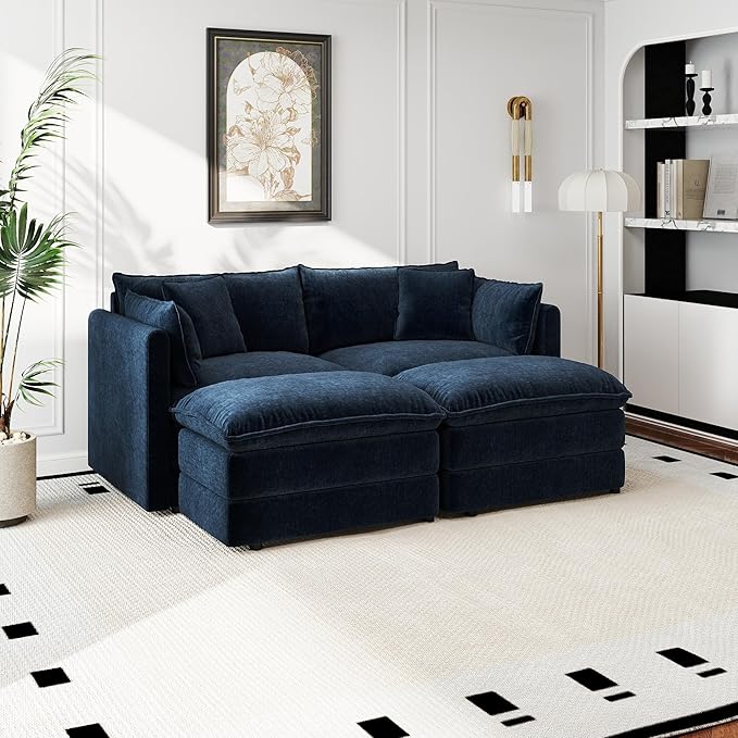 Aoowow Modular Sectional Sofa Modern Convertible Loveseat Couch77.16 Inch Deep 2-Seater Sofas Comfy Chenille Cloud Sofas and Couches Set with 2 Movable Ottoman for Living Room Apartment（Blue）
