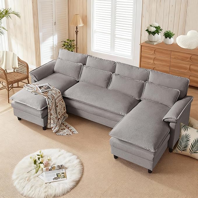 105 U Shaped Cloud Couch Sectional 4 Seat Home Sofa Living Room Comfy Couches with Storage Ottoman Double Layer Cushion Modular Sofas for Bedroom Apartment and Office Light Grey