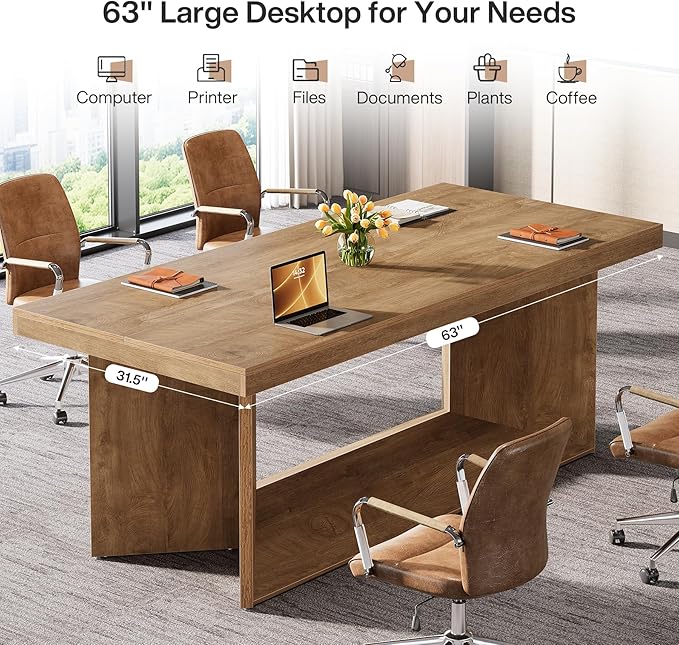 Tribesigns 63-Inch Executive Desk Large Office Computer Desk with Heavy Duty Pedestal Farmhouse Simple Workstations Writing Table for Home Office Rustic Brown
