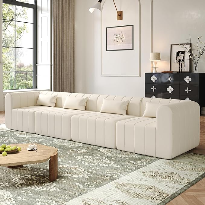 145.5 Inch Modular Full-Compressed Sectional SofaBeige Polyester Upholstered Modular Sofa with 4 PiecesCompressed Sponge Modular Couch for Living Room (Beige#81)