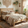 GAOMON King Size Rattan Bed Frame Rattan Bed Frame with LED Light &amp Natural Headboard Boho Storage Space Underneth Sturdy Wooden Slats Support No Box Spring Needed