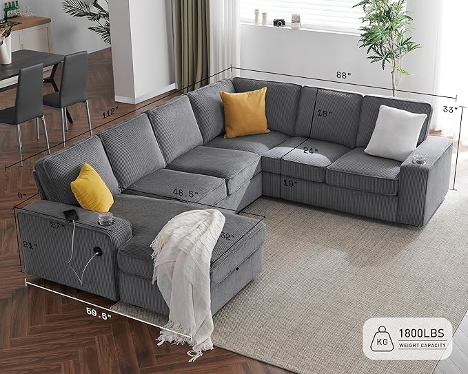PaPaJet Oversized Sofa 112 inch U Shaped Sofa with USB Ports Sectional Couch with Storage Chaise Corduroy Grey
