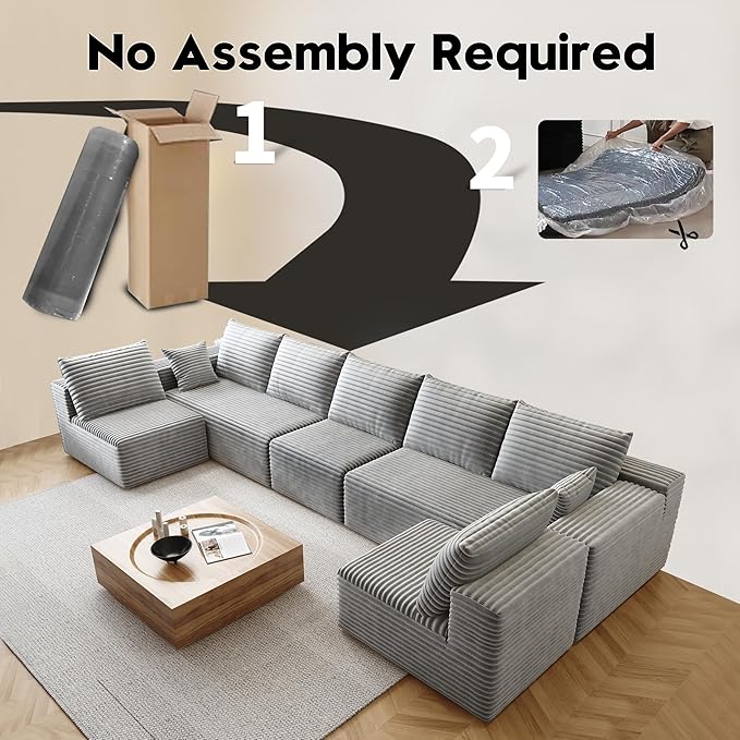 168.5 Cloud Sectional Sofa for Living Room Plush Corduroy Cover Fluffy Memory Foam Cushions No Assembly Required U Shaped Modular Chaise Lounge Oversized Comfortable Couches Set Grey