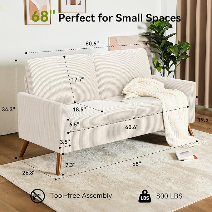 68 Loveseat Sofa Comfy White Corduroy Couches for Living Room Mid Century Modern Love Seat Sofa Tool-Free Setup Small Couches for Bedroom Office