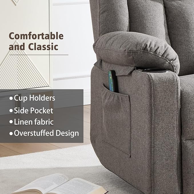 Rocker Swivel Recliner Chair for Adults Overstuffed Large Manual Recliner Glider with Massage and Heat Comfy Soft Fabric Living Room Reclining Sofa Chair (Smoked Gray)