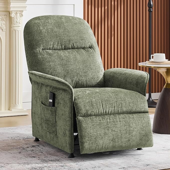 Power Recliner Chair with Remote Control 21 Wide Seat Small Recliners with Side Pocket for Adults Thick Cushions Chair for Living Room &amp Bedroom Green