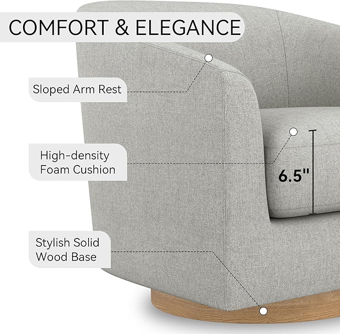 Swivel Accent Chair Upholstered Modern Barrel-Curved Armchair Linen Fabric Comfty Sofa Reading Chair with Solid Wood Base for Bedroom Club Living Room Light Grey