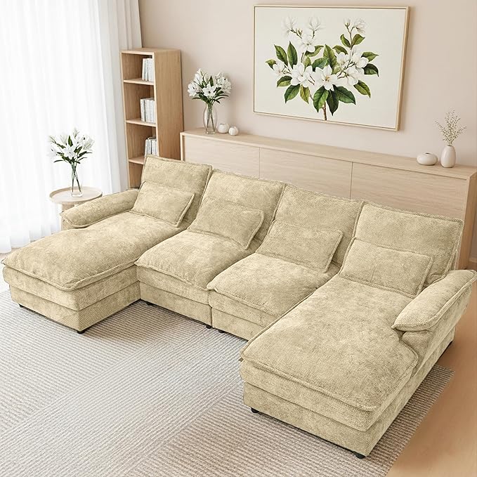110 U Shape Sectional Sofa Cloud Couch for Living Room Upholstery Comfy Modular Sofas 4 Seat Chenille U-Shaped Sleeper Sofa with Chaise Lounge Pillows for Apartments Kakhi