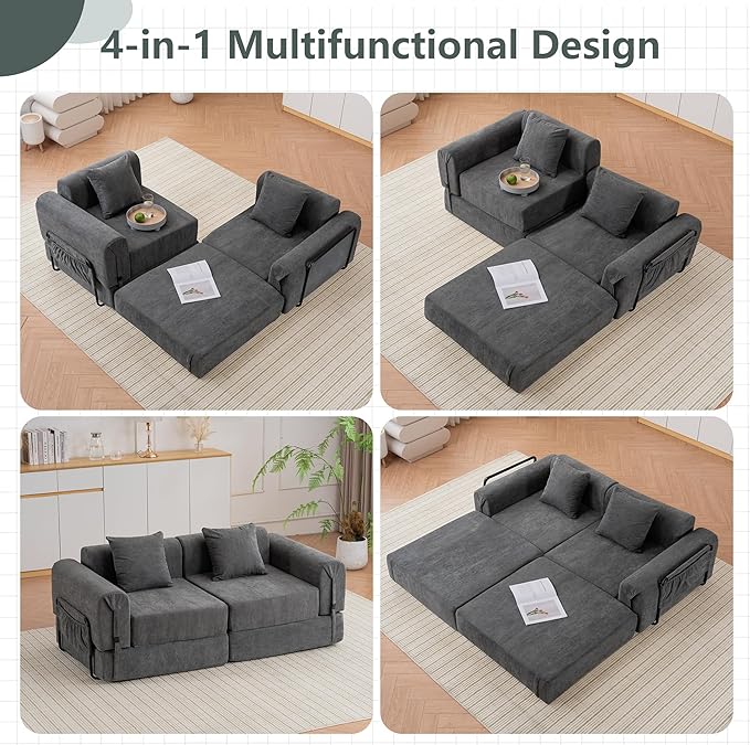 GNIXUU 71.3 Convertible Sleeper Sofa Bed Modern Convertible Boneless Couch with Foldable/Pull Out Bed Compressed Modular Futon Couch with Pillows &amp Storage Pocket for Living Room Bedroom Gray