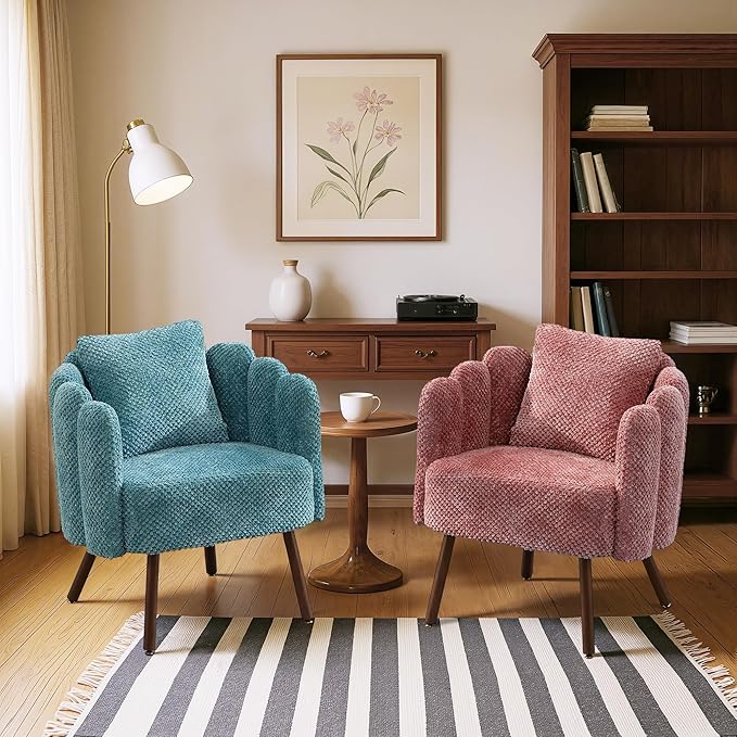 Accent Chair for Bedroom Shell Shaped Corduroy Vanity Chair with Pillow Living Room Decorative Armchair with Removable Petal Backrest Small Single Reading Sofa for Makeup Nail Office