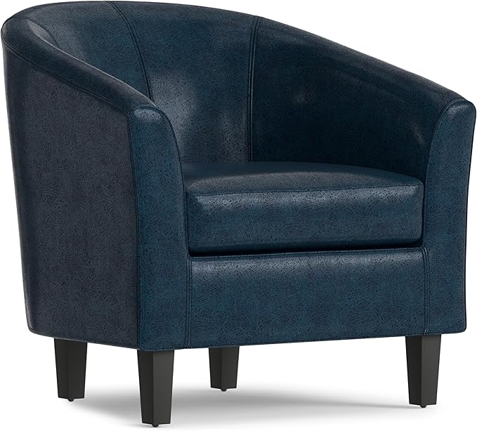 SIMPLIHOME Austin Tub Chair - 30 inch Wide Upholstered Faux Leather Contemporary Accent Chair in Distressed Dark Blue for Living Room or Office with High Arms Removable Cushion and Curved Backrest