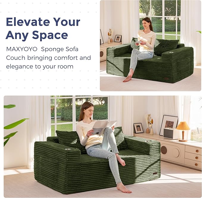 MAXYOYO Boneless Sofa Couch for Adults Upholstered Floor Sofa with Armrests Loveseat Couch with Cushion &amp Pillows Sofa in A Box Large Bean Bag Couch for Bedroom Living Room