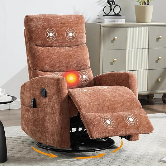 Manual Swivel Rocker Recliner Chair for Adults Overstuffed Reclining Glider Chair for Nursing with Vibration Massage &amp Heat Living Room Rocking Recliner 3-Stage backrest Chenille Fabric Orange