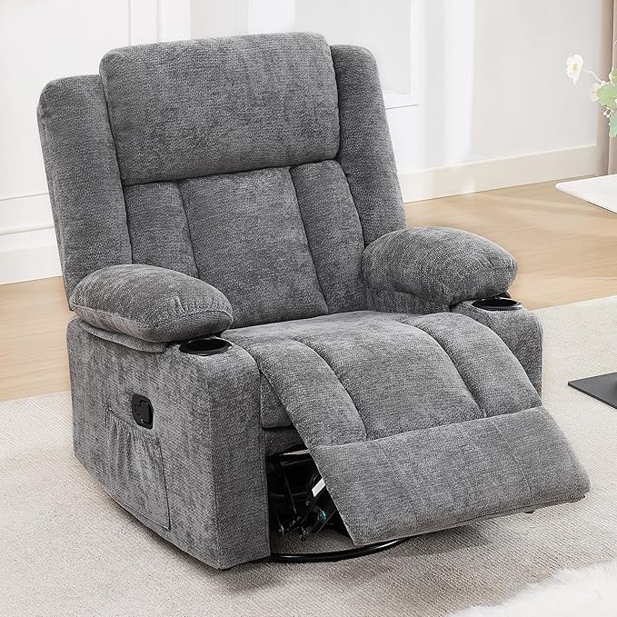 Swivel Rocker Recliner for Adults Manual Lazy Boy Recliner Chair with Cup Holders 360 Degree Rotating Nursery Rocking Chair Glider Recliner for Living Room (Grey)