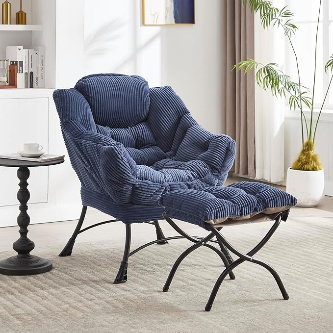 31.5 Lazy Chair1 OttomanLeisure Upholstered Sofa ChairModern Reading ChairLounge Accent Chair with Side Pocket for Small ApartmentLiving RoomBedroomOfficeNavy Blue