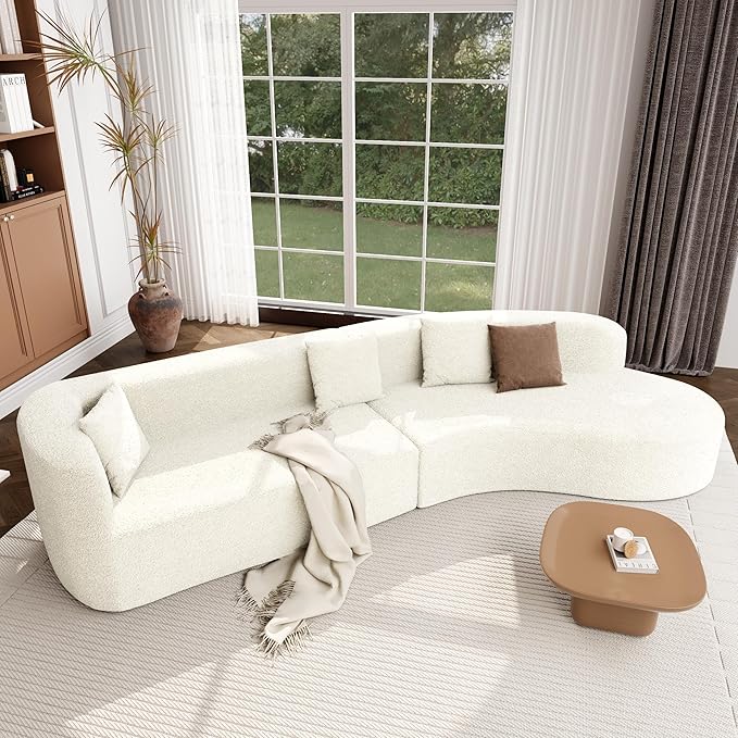 132 Modern Sectional Sofa with Curved Design 2-Piece Chenille Modular Couch with 4 Pillows Plush Sponge &amp Spring Cushion Large Sponge Modular Sofa for Living Room (Beige#56)
