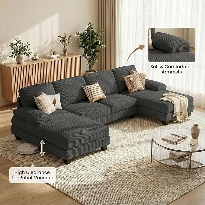 Homall Modular Sectional U Shaped Sofa Couches for Living Room Comfy Corduroy 4 Seat Sofa Set with Removable Pillows Lounge Chaise Upholstered Couch for Apartment (Corduroy Dark Grey)