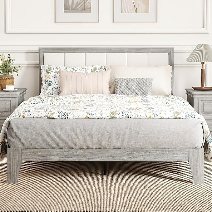 HOMCOM Full Size Bed Frame with Upholstered Headboard Platform Bed Frame with Wooden Slats No Box Spring Needed Easy Assembly Gray