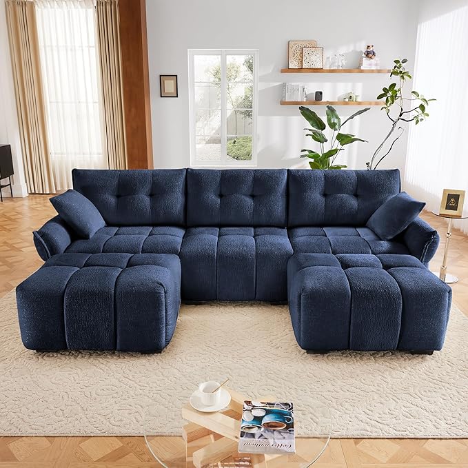 Aoowow Modular Sectional Sofa with Movable Ottoman 110.2” Chenille U Shaped Sofa Couch Upholstered Comfy 3-Seater Couches with Pillows for Living Room Apartment OfficeBlue