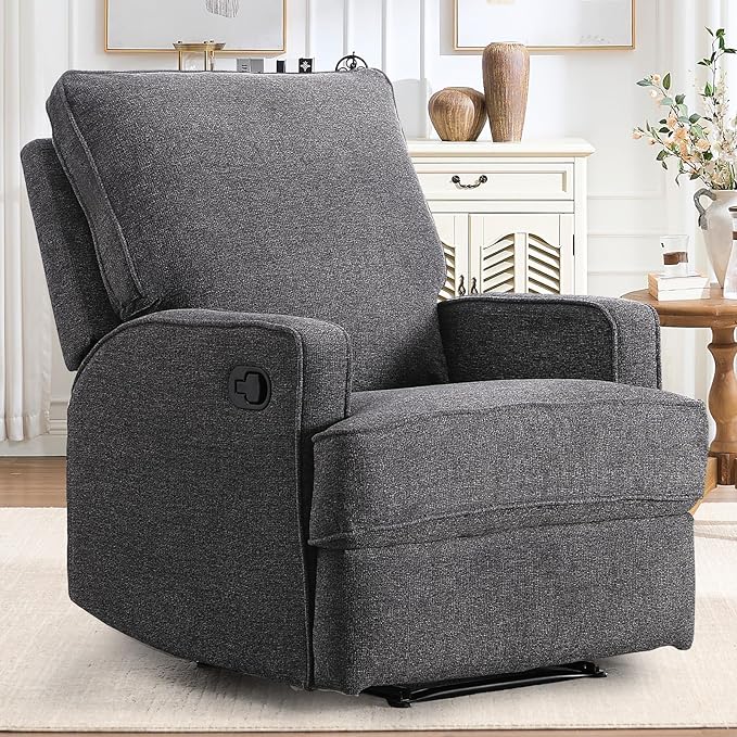 INZOY Manual Recliner with Thicker Backrest Soft Fabric Recliner Chair with Overstuffed Cushion Heavy Duty Reclining Sofa for Living Room Bedroom Apartment Grey