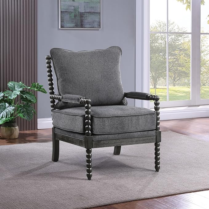 OSP Home Furnishings Eliza Spindle Accent Chair Charcoal Grey Fabric with Black Wood