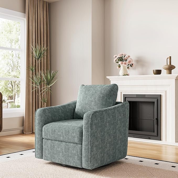 GarveeLife Accent Chair for Living Room 360° Swivel Reading Chair Modern Linen Fabric Armchair for Living Room Comfy Upholstered Single SofaChair Dark Green
