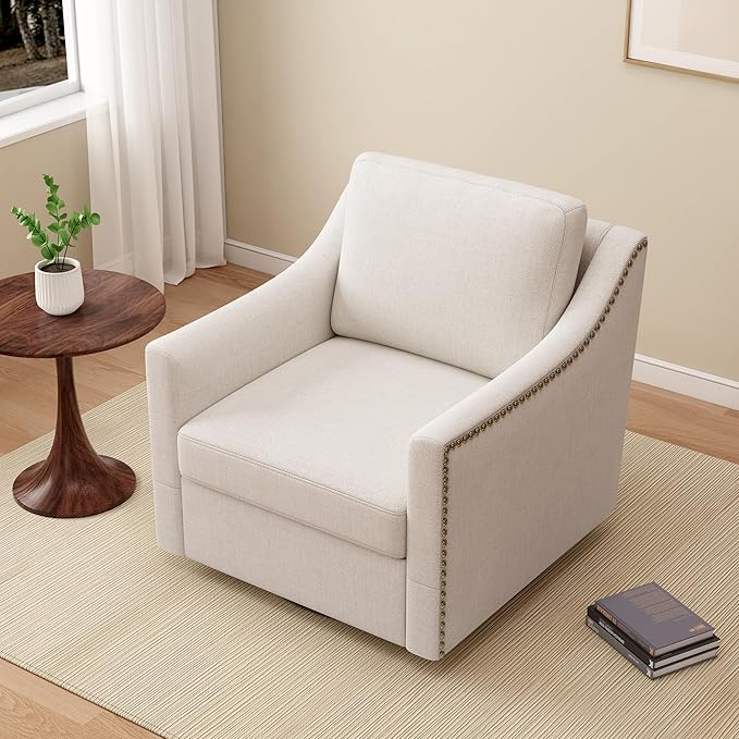 Swivel Accent Chairs for Living Room 360° Swivel Upholstered Club Armchairs with Nailhead Trim Metal Swivel Base Linen-Textured Fabric – White