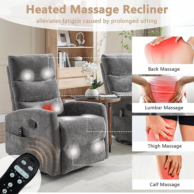 cinkehome Small Swivel Rocker Recliner Chair with Heated Massage Upholstered Nursery Glider Recliner Chair High Back Side Pocket (Grey Chenille Fabric)