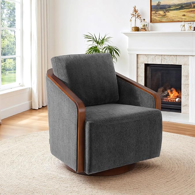 360° Swivel Barrel Chair Upholstered Swivel Round Barrel Chair Comfy Chenille Fabric Single Club Armchair Accent Chair for Living Room Reading Room Bedroom Dark Gray