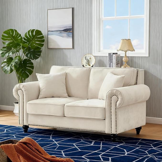 Loveseat Velvet Fabric Two- Seater Couch Buckle Design and Rivet Decoration Deep Seated Double Sofa Suitable for Living Room Bedroom Apartment Hotel etc (beige-07)