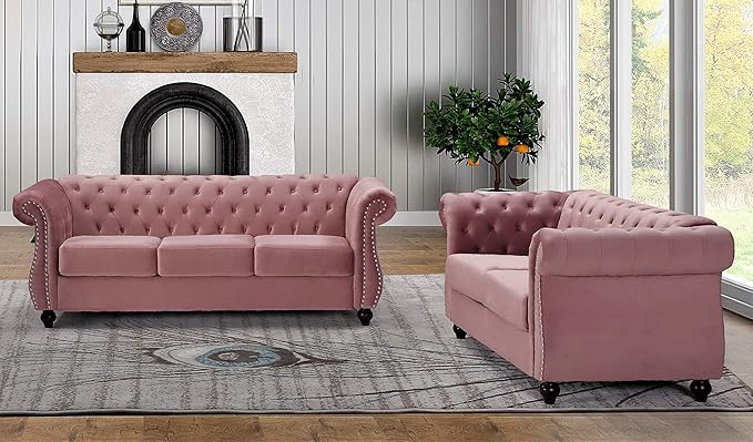 Feinstein Modern Velvet Chesterfield Couches for Living Room with Nailheads Diamond Tufting &amp Durable Metal Frame Loveseat Natural Pink