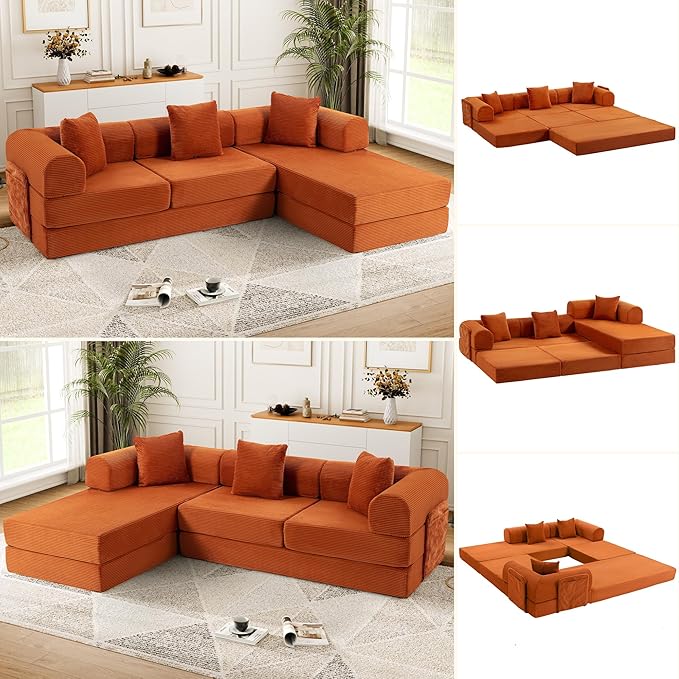 106.3 Oversized Convertible Sleeper Sofa Bed L Shape Modular Sectional Cloud Sofa with Fixed-Shape Frame Boneless Couch with Storage Pocket for Living Room No Assembly Required Orange