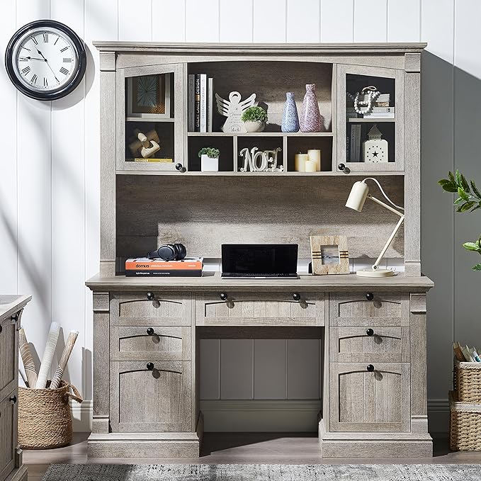 OKD 60 Executive Desk with Hutch and Drawers Farmhouse Home Office Desk with Charging Station Keyboard Tray File Cabinet Storage Wood Computer Desk for Work and Study Light Rustic Oak