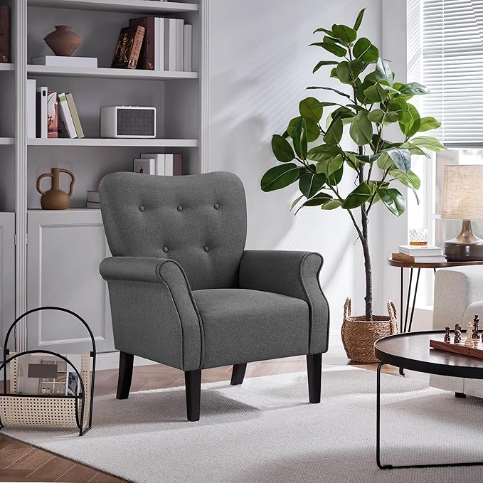 Yaheetech Modern Armchair Mid Century Accent Chair with Sturdy Wood Legs and High Back for Small Space Upholstered Fabric Sofa Club Chair for Living Room/Bedroom/Office Dark Gray