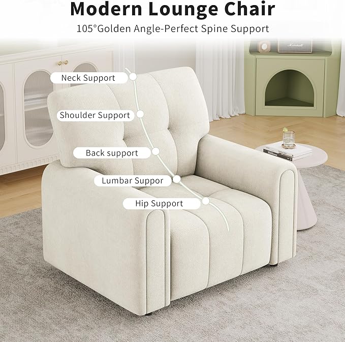 EJUNQ Mid-Century Oversized Accent ChairModern Upholstered Living Room ChairsWide Comfy Reading Chair for AdultsTraditional Single Couch Armchairs for Living Room/BedroomIvory