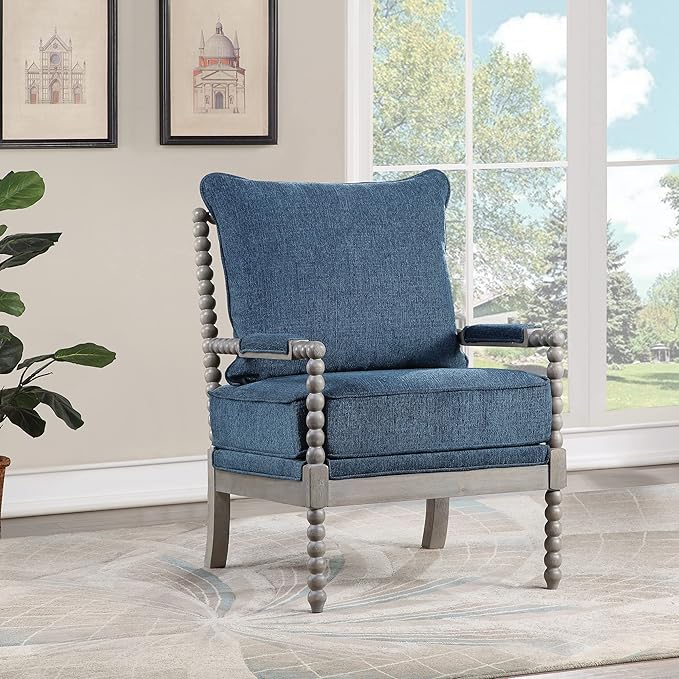 OSP Home Furnishings Abbott Spindle Accent Chair with Padded Spring Seat and Brushed Grey Base Azure Blue Fabric