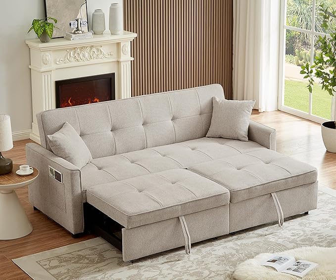 81 Inch Queen Size Convertible Sleeper Sofa 3 in 1 Sleeper Couch with Storage and Pull Out Bed Oversized Loveseat Futon Sofa Hide-A-Bed Fold Out Couch for Living Room